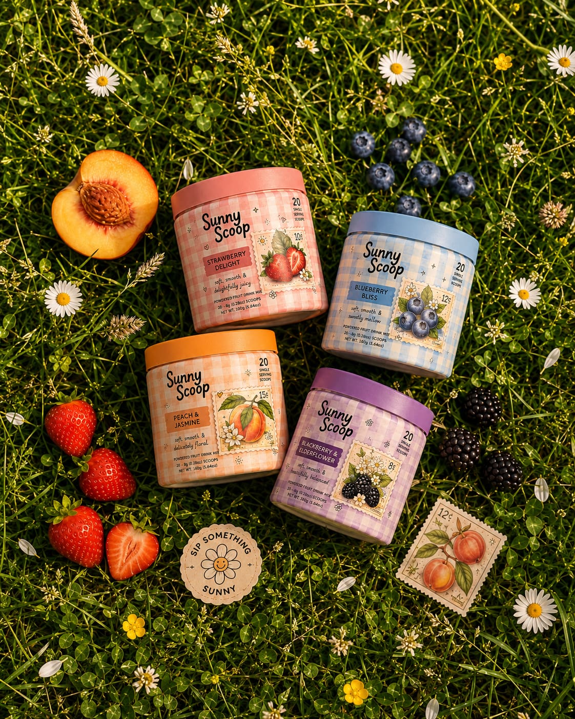 Sunny Scoop — flavour tins in the grass